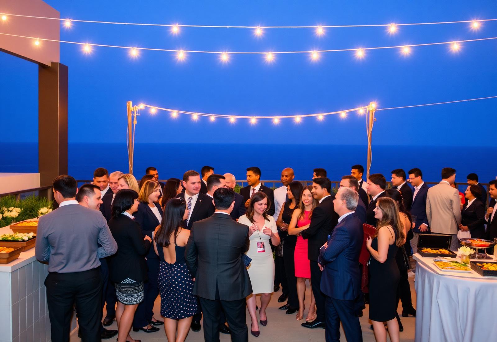 Corporate group reception on a resort terrace