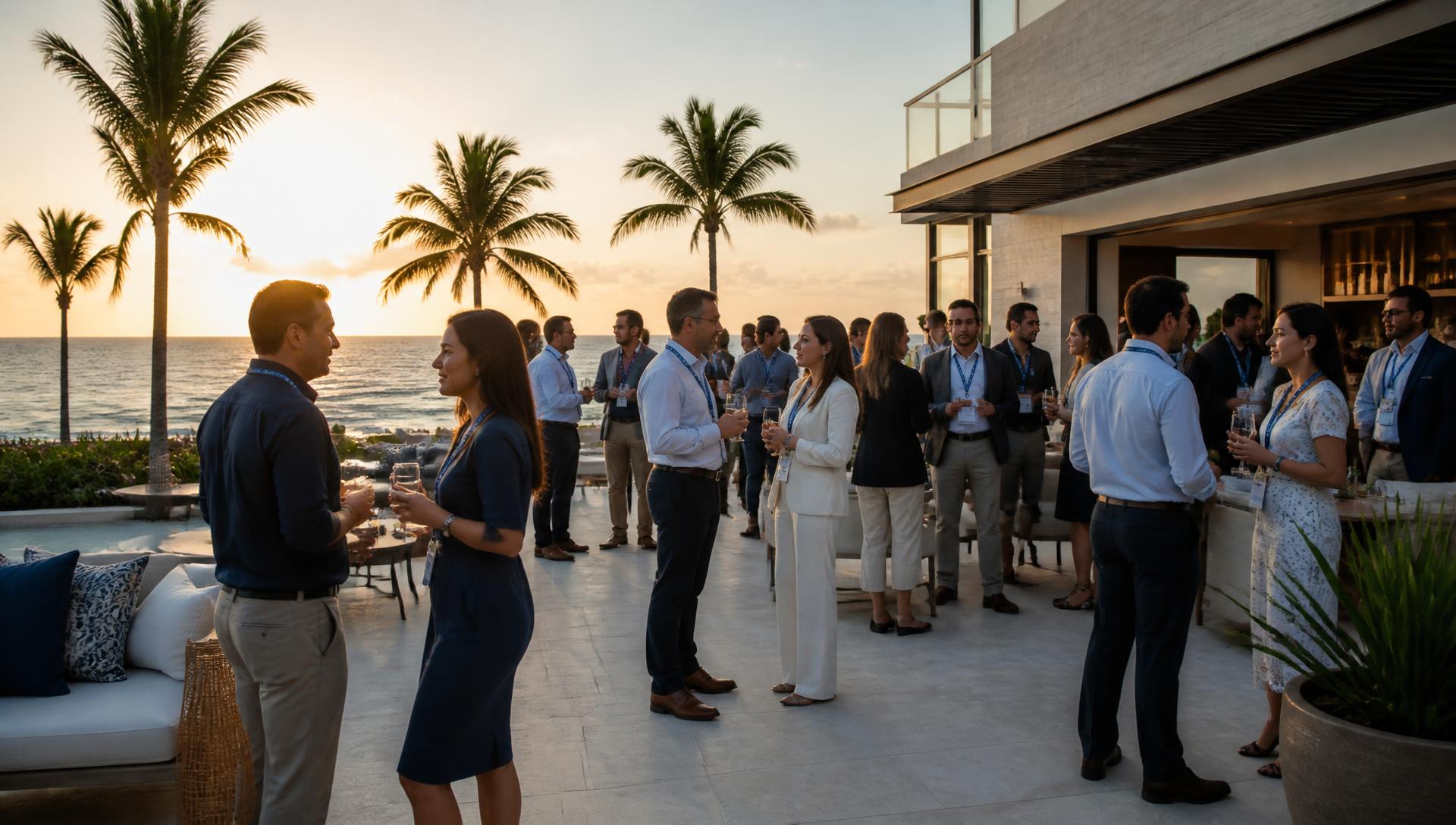 Corporate team gathering on an oceanfront resort terrace at sunset