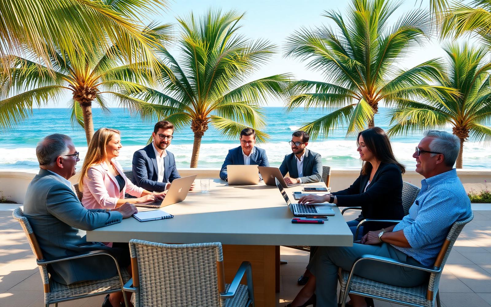 Executive team working around an outdoor conference table at an oceanfront resort