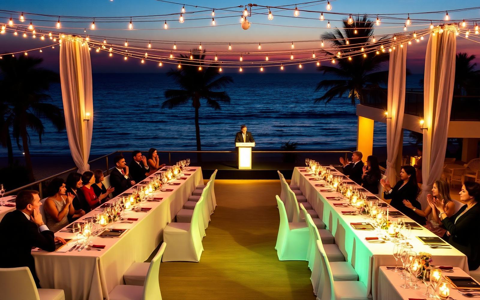 Corporate awards dinner on a beachfront terrace at dusk with string lights