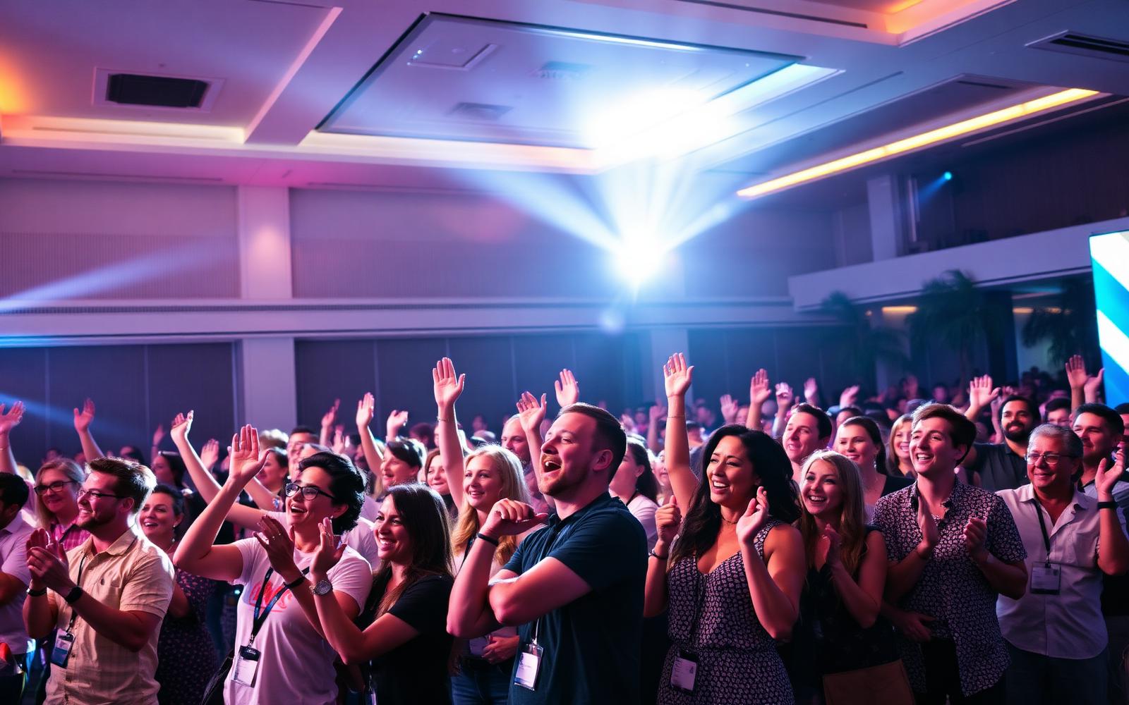Energized team celebrating at a sales kickoff general session